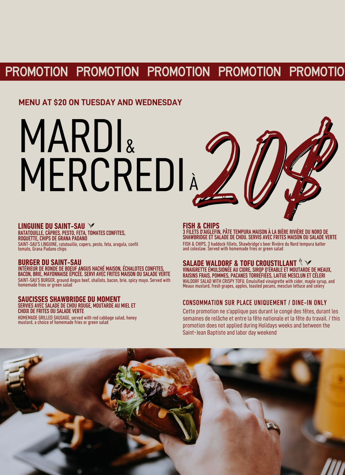 Menu promotion du mardi et mercredi au Saint-Sau Pub Gourmand à Saint-Sauveur : cinq plats gourmands pour 20 $, offerts toute la journée dans une ambiance conviviale des Laurentides.