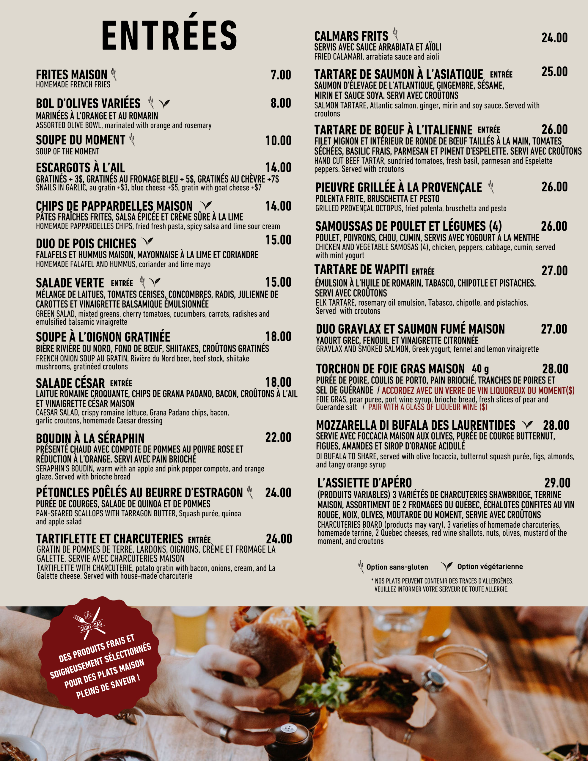 Menu tapas du Saint-Sau Pub Gourmand, restaurant convivial des Laurentides. Une sélection de petites assiettes à partager entre amis après une journée de ski, dans une ambiance chaleureuse et gourmande.
