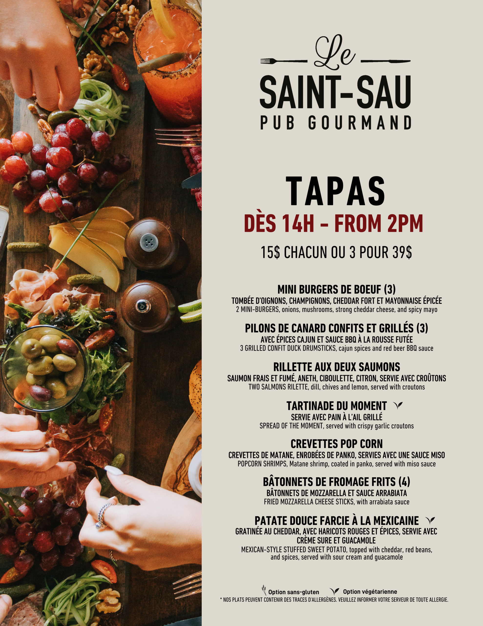 Menu tapas du Saint-Sau Pub Gourmand, restaurant convivial des Laurentides. Une sélection de petites assiettes à partager entre amis après une journée de ski, dans une ambiance chaleureuse et gourmande.