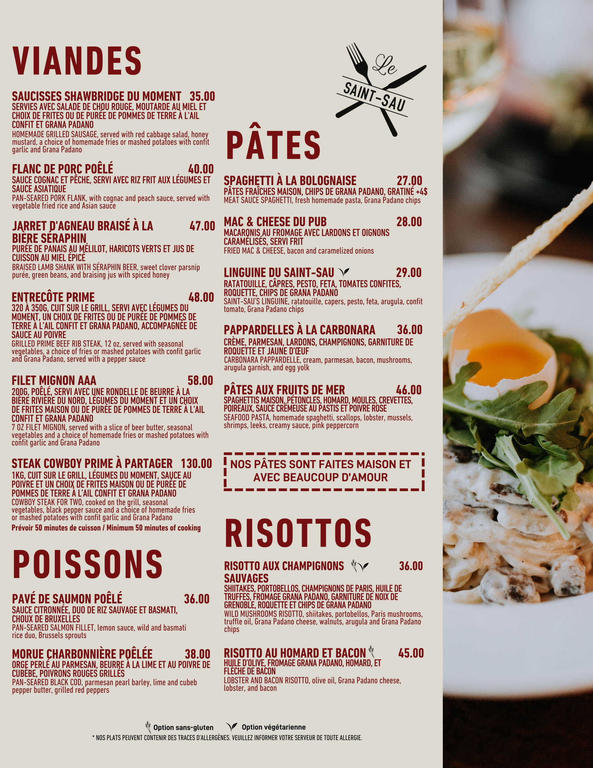 Menu tapas du Saint-Sau Pub Gourmand, restaurant convivial des Laurentides. Une sélection de petites assiettes à partager entre amis après une journée de ski, dans une ambiance chaleureuse et gourmande.